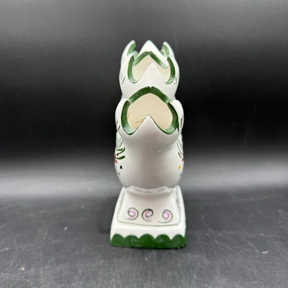 Vintage Ceramic Tulip 5 Finger‎ Vase Hand Painted Floral White Green Portugal